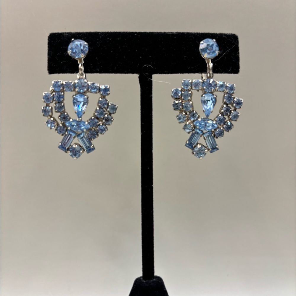 Vintage Baby Blue Rhinestone Shield Shape Screw-back Earrings
